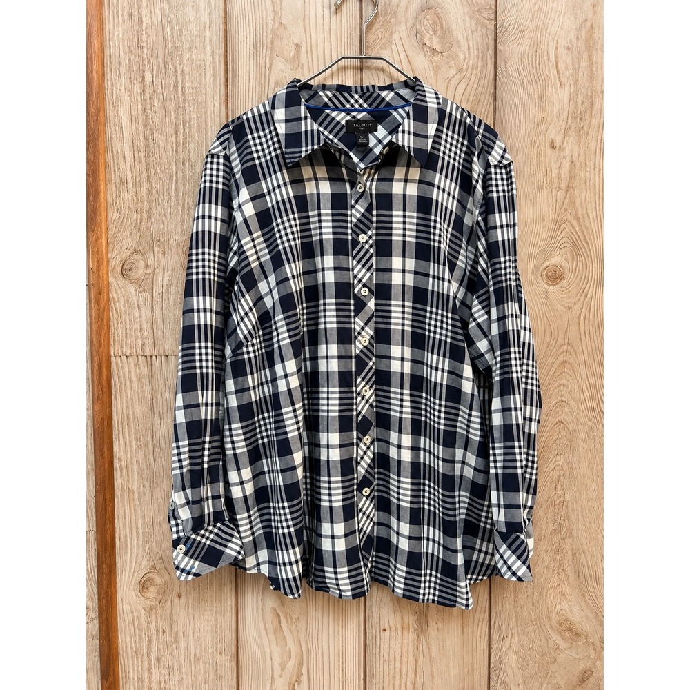 Talbots Plus Womens 3X Navy Blue White Plaid Cotton Rayon Button Down Shirt
